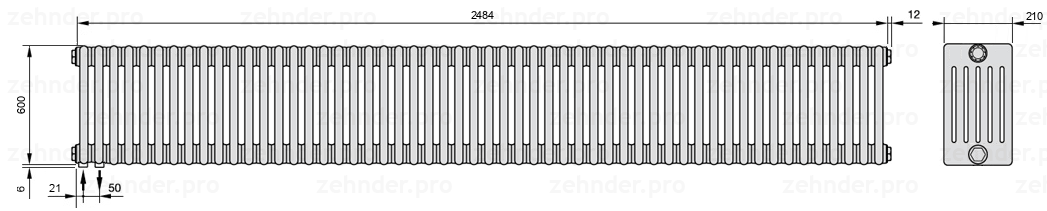 Схема (чертеж) Радиатор Zehnder Charleston 6060/54 №3370 Белый глянцевый RAL 9016